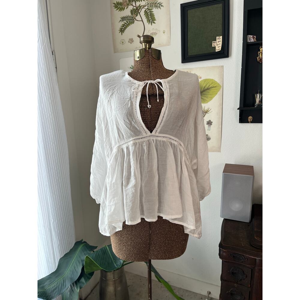 Faithfull The Brand Womens Small White Peplum Blouse Tie Neck Boho Cottagecore